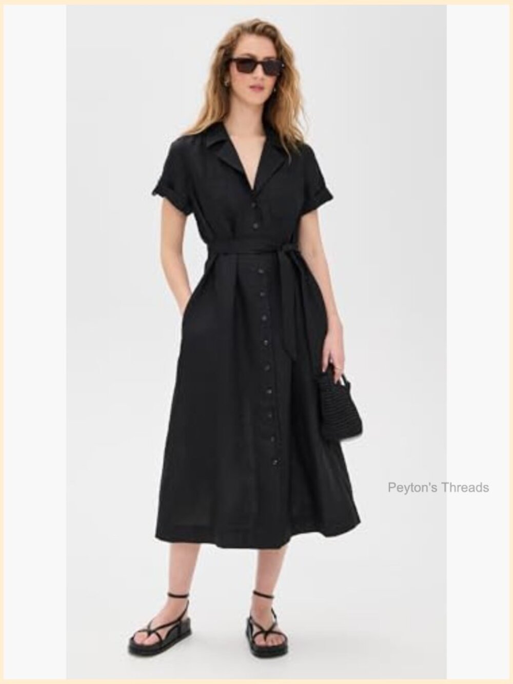 Linen Midi Dress with Collared Neck and Button Placket - Picture 5 of 6